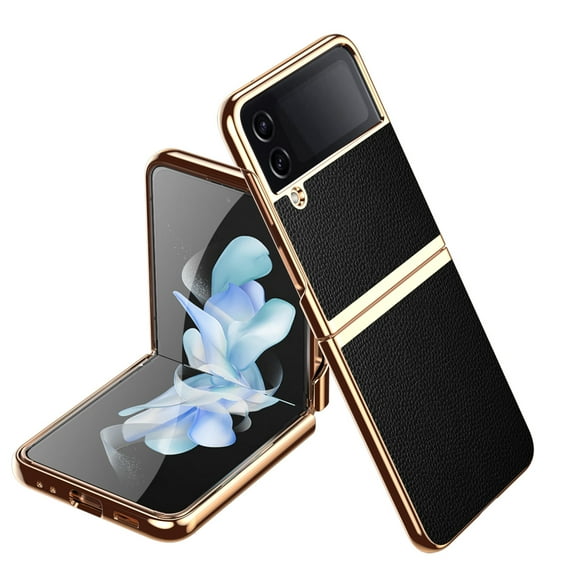 ELEHOLD for Samsung Galaxy Z Flip 4 Plating Leather Case,Lychee Pattern Leather Premium Leather Shockproof Electroplated Protective Case for Samsung Galaxy Z Flip4 2022, Black