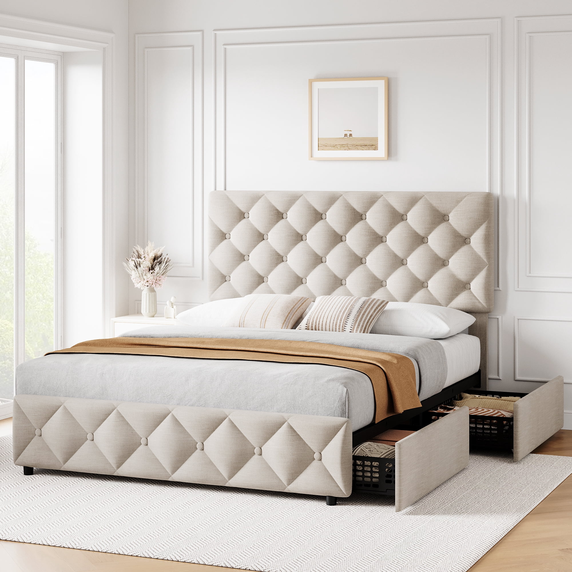 Queen Bed Frame with Headboard Adjustable, Linen Upholstered Size Platform Bed Frame with 4 Drawers, Modern Queen Bedframe, Wooden Slats Supports, No Box Spring Needed, Diamond Stitched Button, Beige