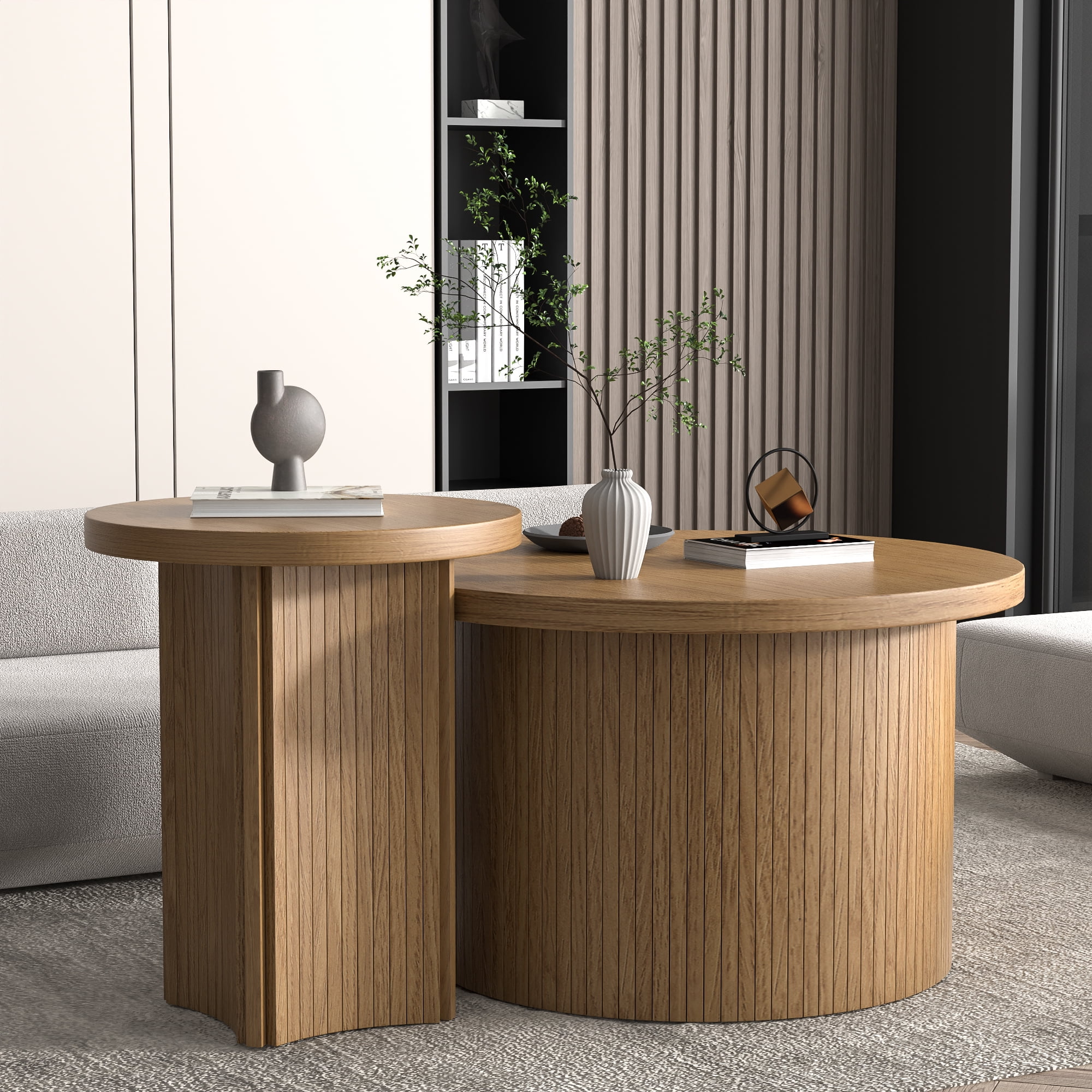 OUBAYAJIA Nesting Coffee Table Set of 2, Round Table, Modern Wooden Coffee Table End Side Table for Living Room Bedroom Balcony