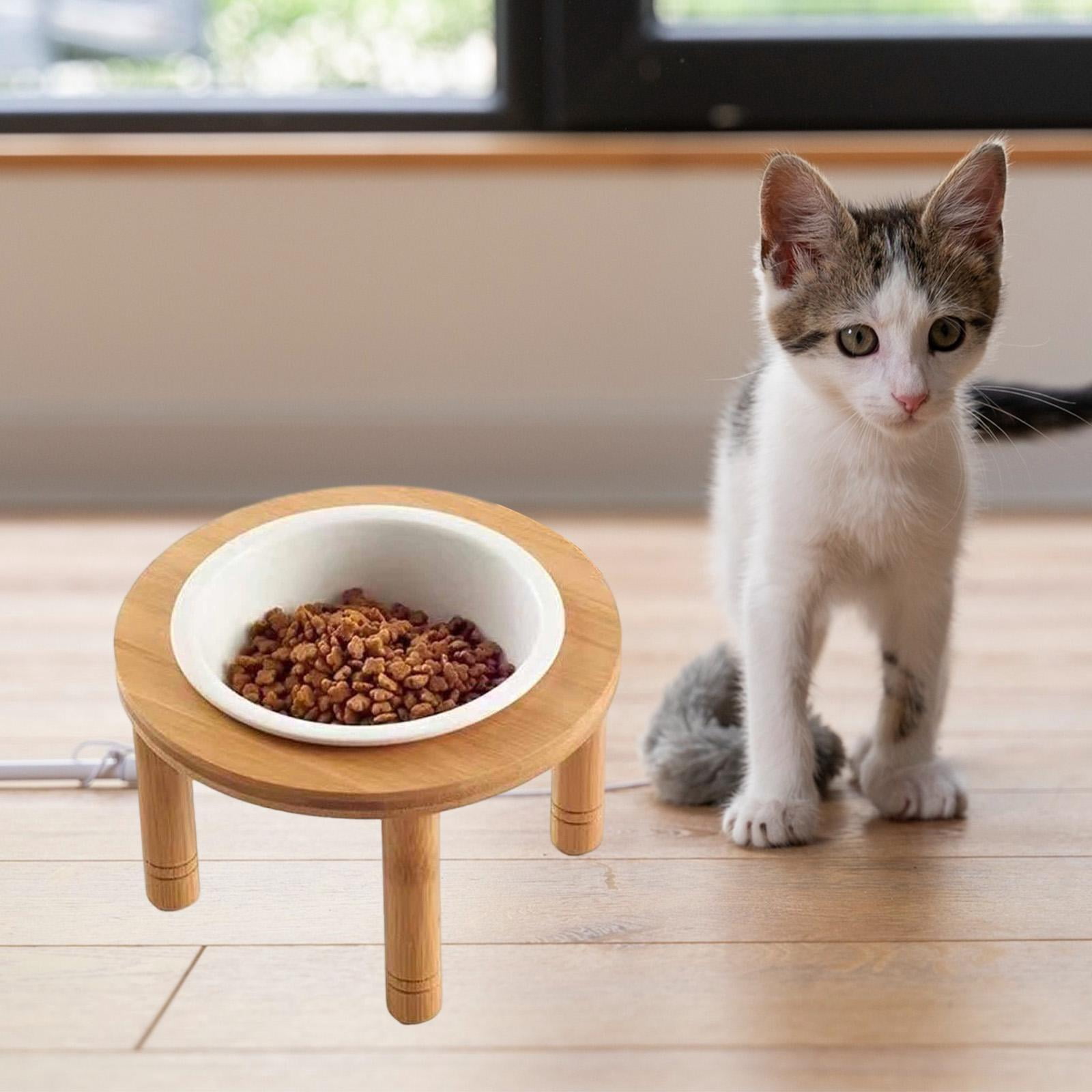 Serenable Elevated Cat Bowl Bamboo Wood Stand Raised Dog Bowl Ceramic Feeding Bowl Whisker Friendly Food Water Dish Removable Easy to Assemble Suitable for Pet Household 16.2cmx16.2cmx8.8cm