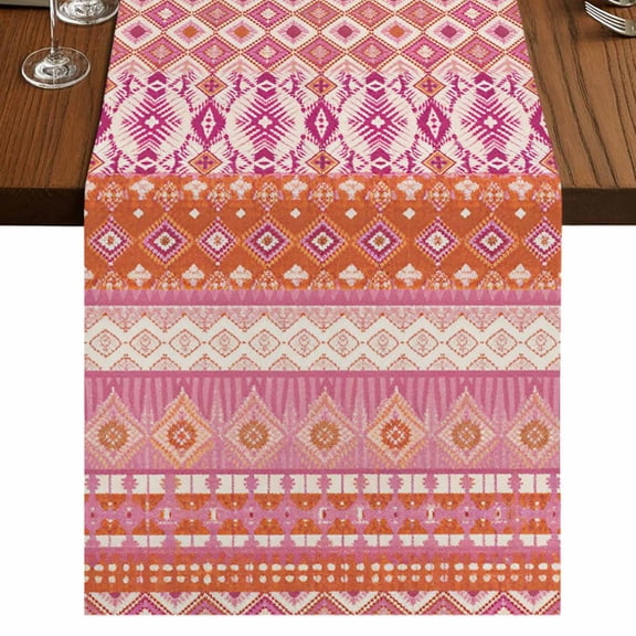 Pink Orange Boho Burlap Cotton Table Runner 13x70 Inches Long, Vintage Ethnic Tribe Abstract Art Farmhouse Table Runners, Outdoor Dining Tablecloths Decor for Baby Shower/Party/Wedding