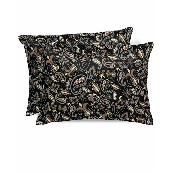 Hokiten Pillow Cases Standard Size Set of 2, Lumbar Pillow Covers, Boho Black Floral Satin Pillowcases with Zipper for Hair/Skin, Farmhouse Botanical Vintage Paisley Flower 20x26 Inches