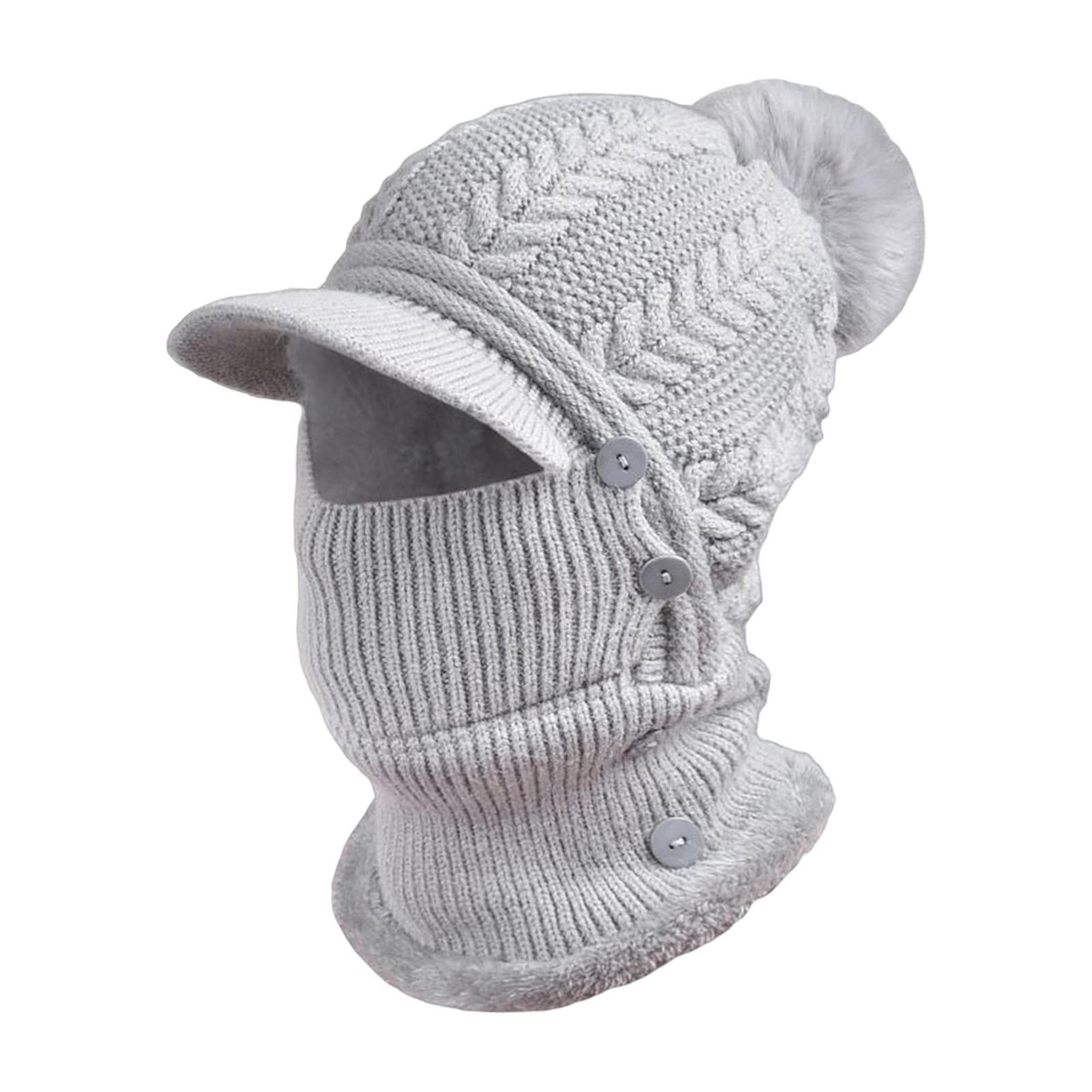 DimyFew Elastic Knitted Beanie Hat Neck Gaiter Breathable Button Warmer Winter Ski Mask Gray