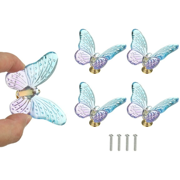 4 Pcs Crystal Cabinet Knob, 1.5" x 1.5" Butterfly Dresser Knob Cupboard Decoration Purple