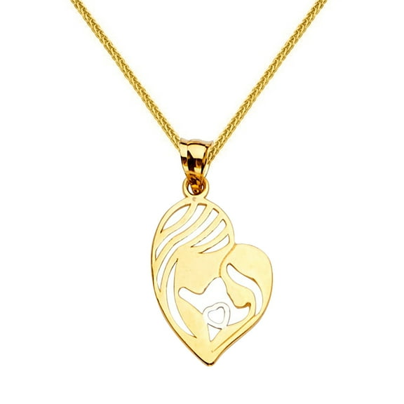 Precious Stars 14K Yellow Gold Heart Shaped Mother and Child Pendant with 16" Chain Necklace