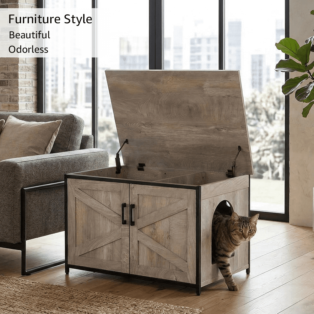 Unipaws  Litter Box Enclosure - Top Opening Cat Litter Box Cabinet, Large Size Fits XL Automatic Boxes, Pressed Wood & Metal Frame, Hide Odor & Waste - for Home Use