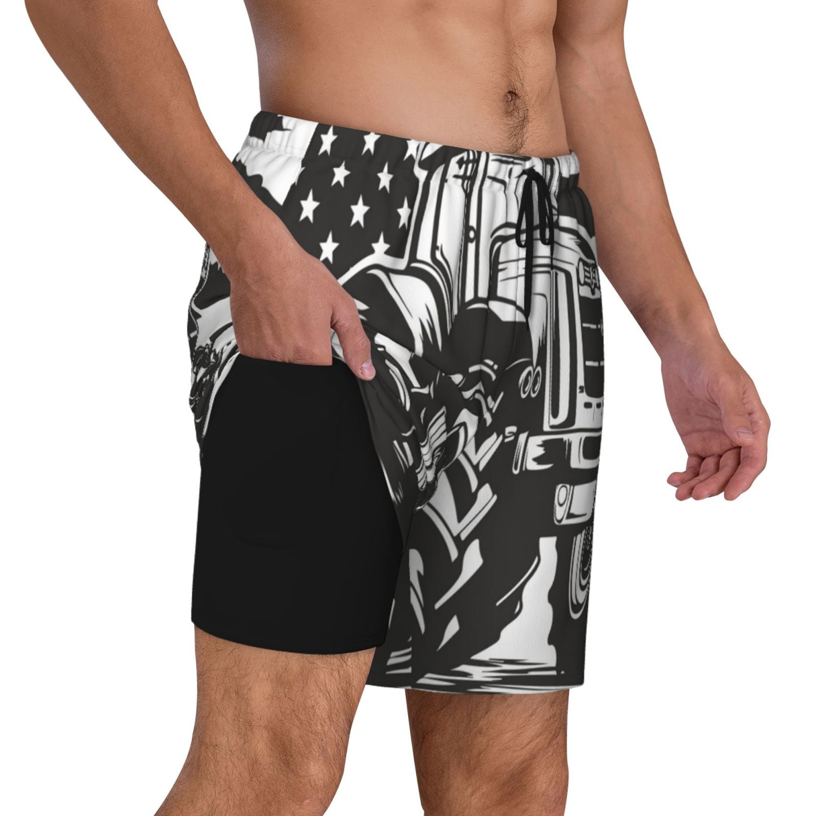 Gukieu American Tractor Print Men's Double Layer Sports Swim Trunks, Quick Dry Adjustable Waist Swim Shorts Swimwear-Medium