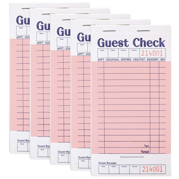Stock Your Home Pink Guest Check Books for Servers (5 Pack) Server Note Pads, Waiter Checkbook, Food Receipt Book, Restaurant Order Pad, Paper Checks, Waitress Accessories, 250 Total Tickets
