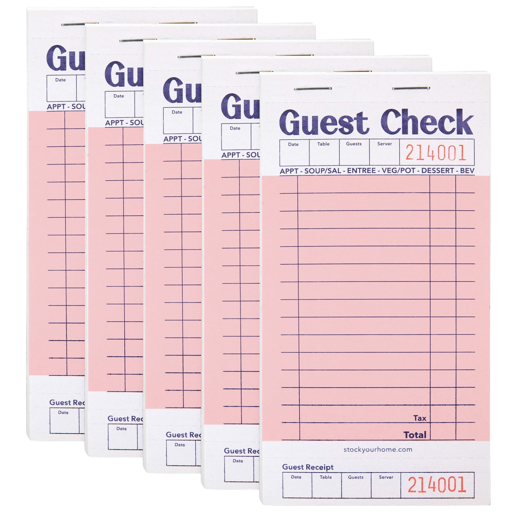 Stock Your Home Pink Guest Check Books for Servers (5 Pack) Server Note Pads, Waiter Checkbook, Food Receipt Book, Restaurant Order Pad, Paper Checks, Waitress Accessories, 250 Total Tickets