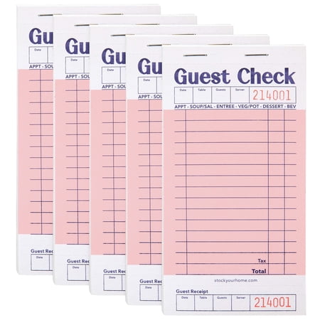 Stock Your Home Pink Guest Check Books for Servers (5 Pack) Server Note Pads, Waiter Checkbook, Food Receipt Book, Restaurant Order Pad, Paper Checks, Waitress Accessories, 250 Total Tickets