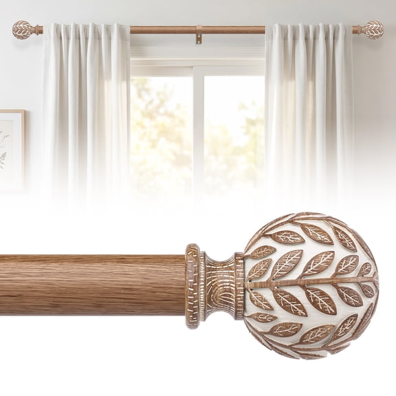 OLV Boho Curtain Rods 36-88" Heavy Duty with Wood Grain Leaf Finial,Burlywood-white