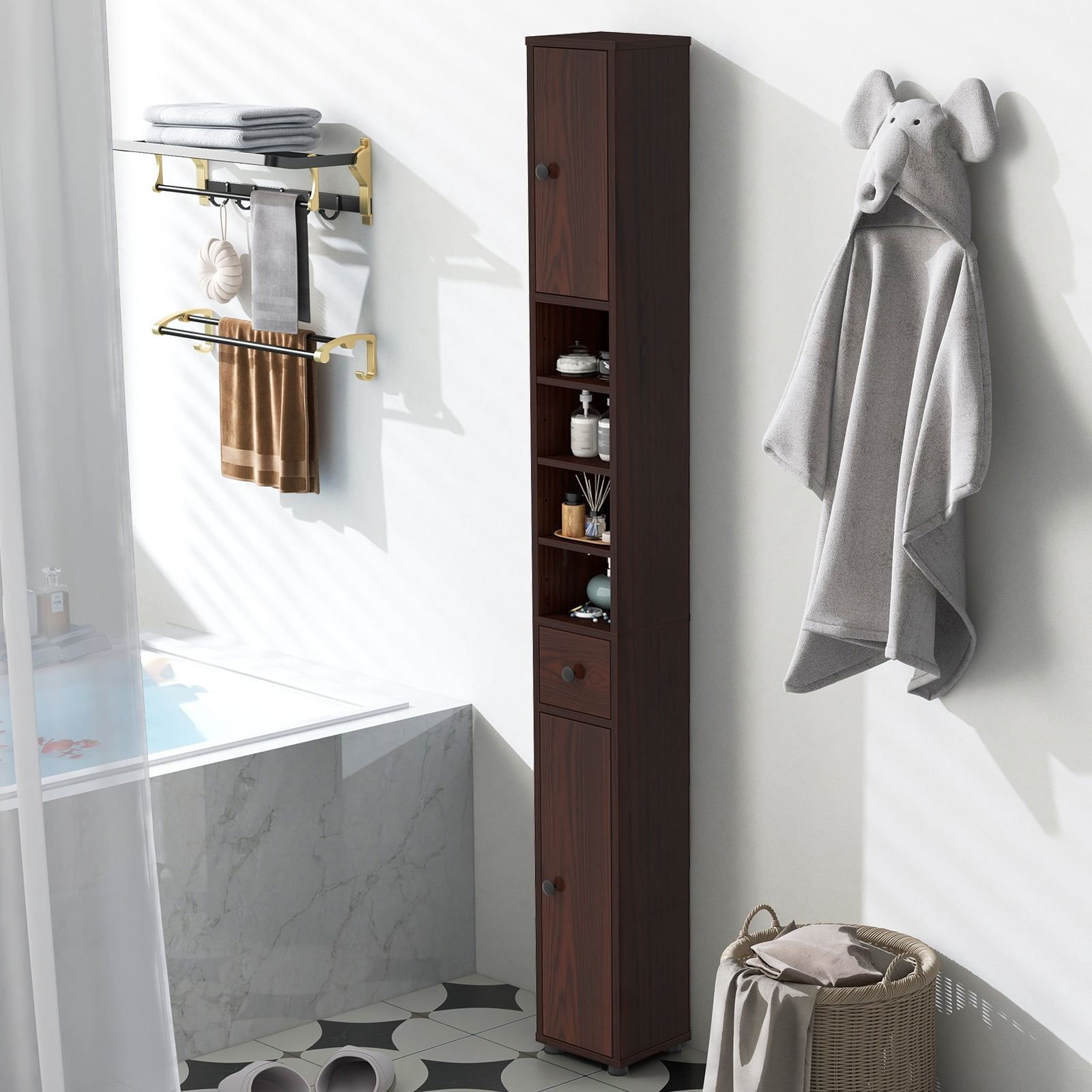 Costway 71" Slim Bathroom Storage Cabinet with 2 Doors 5 Adjustable Shelves 1 Drawer Brown