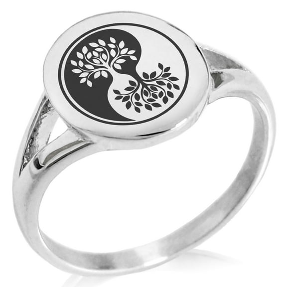 Stainless Steel Tree of Life Yin Yang Minimalist Oval Top Polished Statement Signet Ring