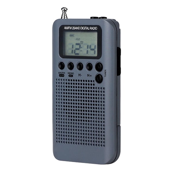 Radio reloj portátil AM/FM, altavoz claro, auriculares, gris