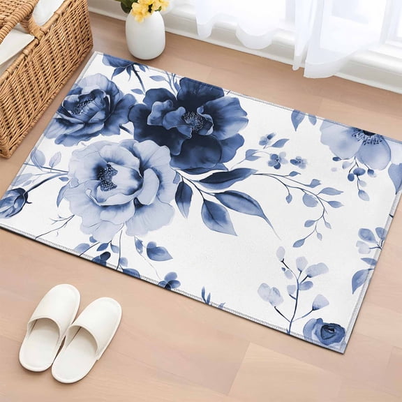 Rectangle Rug 2x3ft Area Rug,Booming Blue Gradient Floral Area Rugs for Living Room Bedroom,Watercolor Flowers on White Floor Mat Non-Slip Non-Shedding Carpet Indoor Accent Rugs
