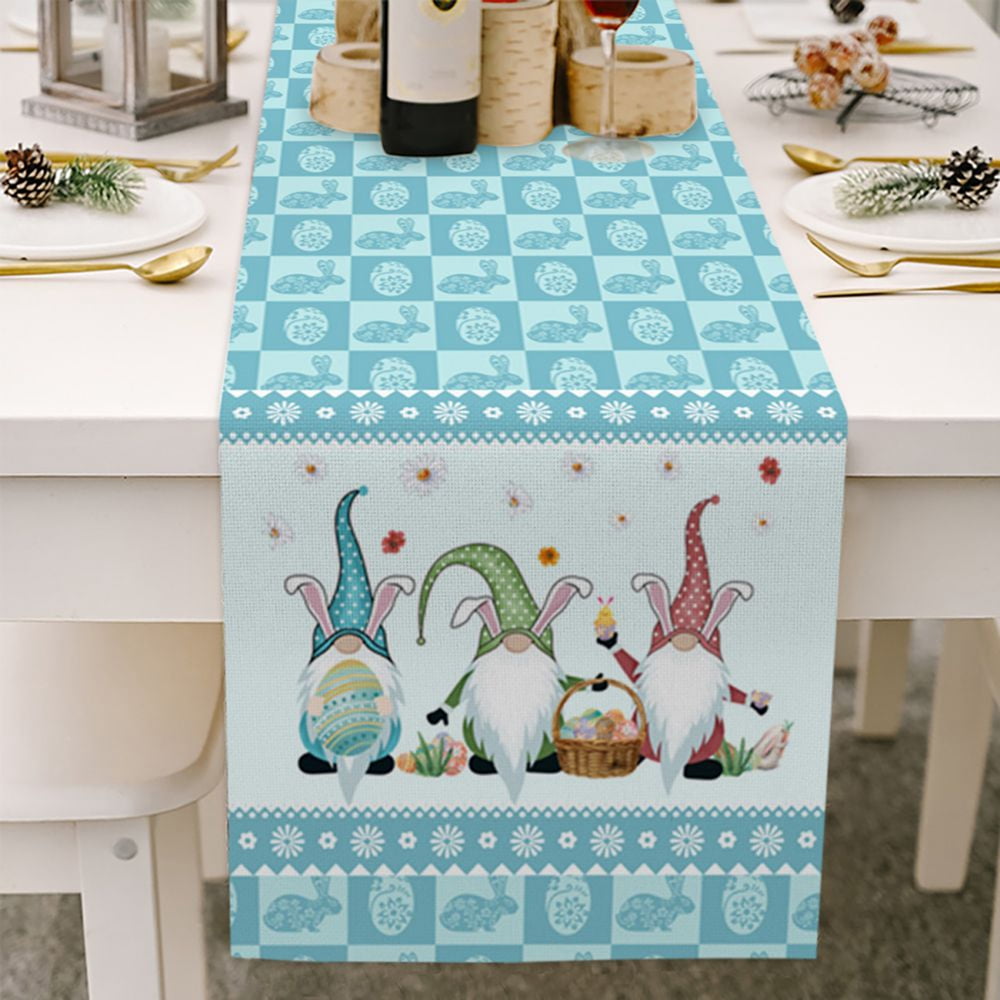 Easter Table Runner Decorations 70 Inches Cotton Linen Easter Scarves with Bunny Eggs Gnome Truck Table Runners for Easter Day Holiday Kitchen Home