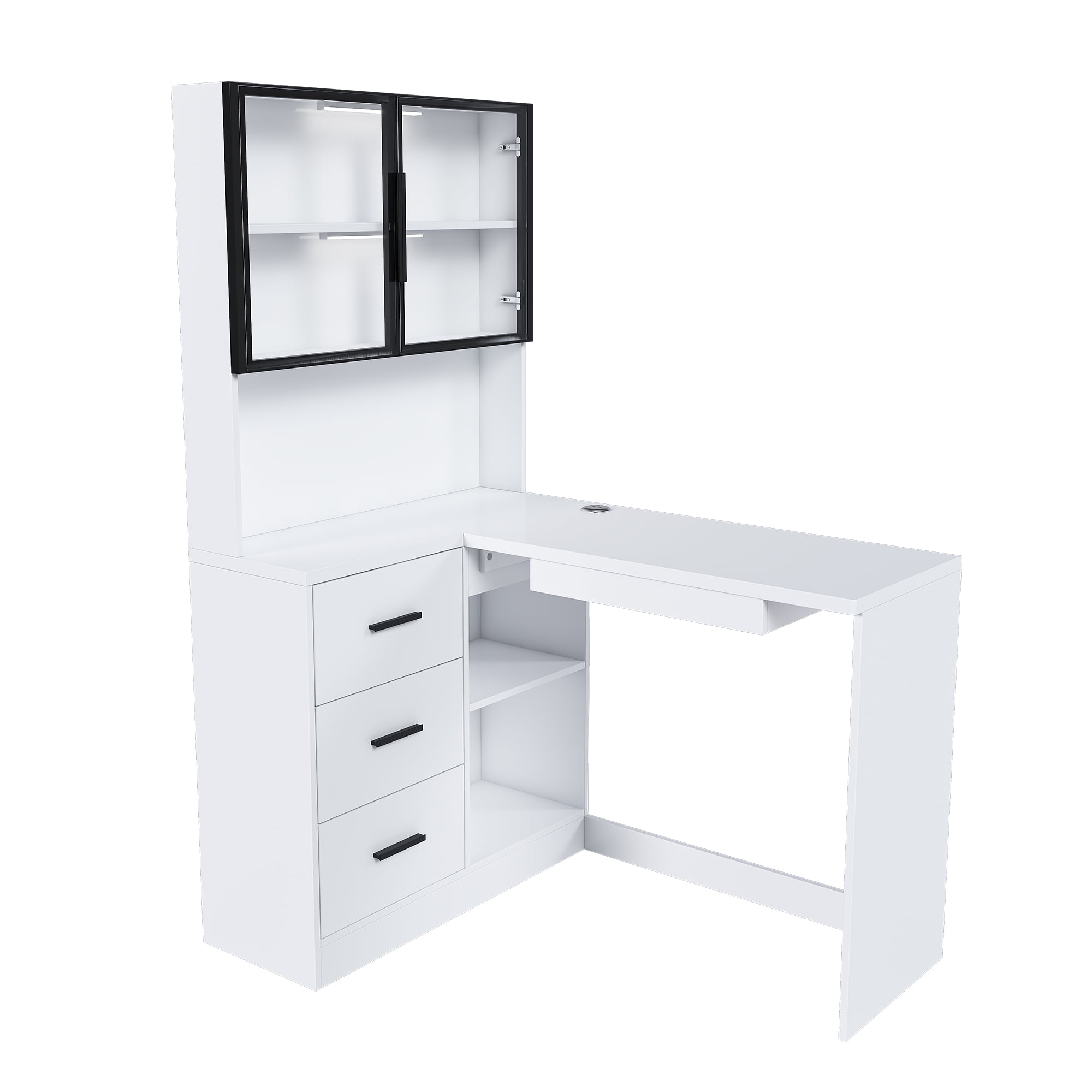 Mintazer 62" L-Shaped Desk with Hutch and LED Light & Power Outlet, Corner Computer Desk with Drawers & Glass Cabinet and Keyboard Tray, Writing Desk for Home Office Workspaces, White