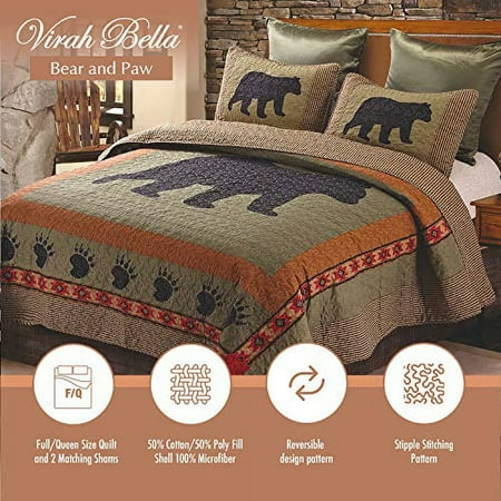 Regal Comfort Virah Bella Collection - Phyllis Dobbs - 3 Piece Bear and Paw Patchwork Cabin Lodge Quilt Set - Full/Queen Size