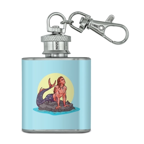 Merman Male Mermaid Basking On Rock Stainless Steel 1oz Mini Flask Key Chain