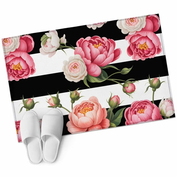 Pink Flower Bathroom Mat 2x3 FT, Non Slip Small Kitchen Mat, Black White Stripesvintage Floral Washable Soft Backed Front Door Throw Rug Non-Shedding Indoor Outdoor Doormat for Entryway Sink