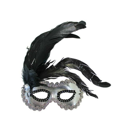 Silver Venetian Eye Costume Mask With Black Feather Plume