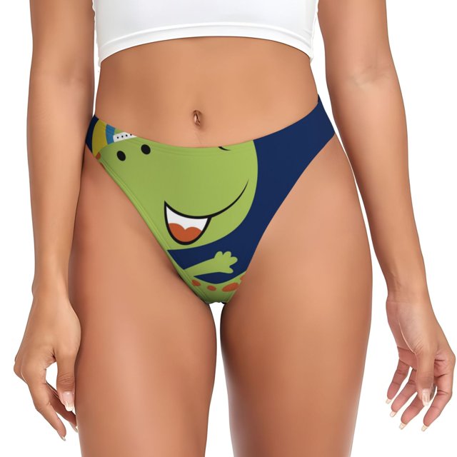 Balery Dino Playing Roller Skate Tangas de Algodón para Mujer con Estampado – Ropa Interior Sexy, Transpirable, G-string-Large