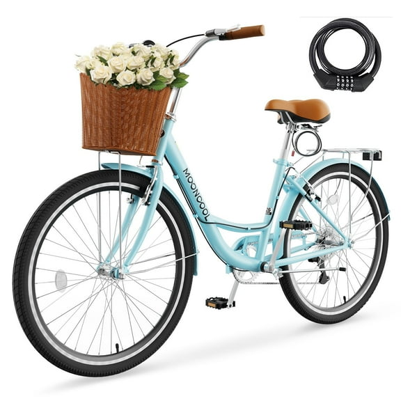 Mooncool 24 & 26 Inch Beach Cruiser Bike for Women, 7 Speed Commute Bike for Adults, Womens Bicycle with Ratten Basket & Rack, Multiple Color