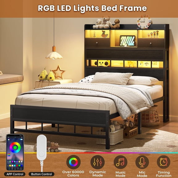 Plonmago Twin Size Platform Bed Frames with Headboard,Bed Frame Twin with 5 Storage Shelves-Under Bed Storage,with LED Light-Charging Station, No Box Spring Needed, Black