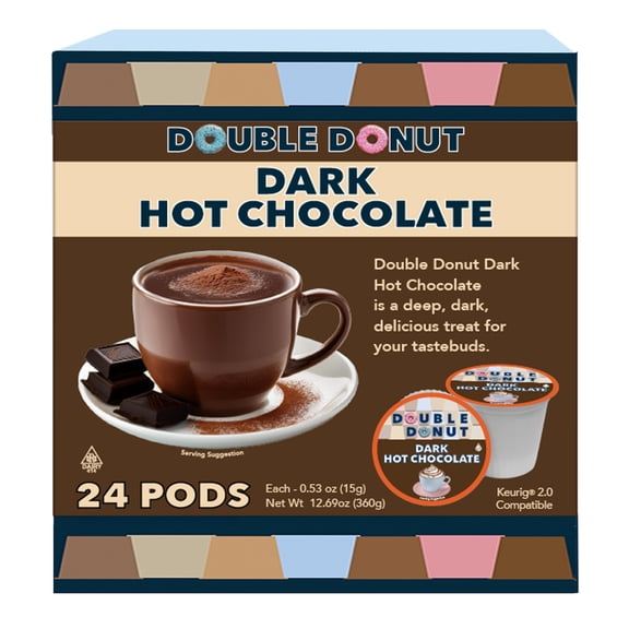 Double Donut Coffee Dark Hot Chocolate Pods for Keurig K Cups Brewers, Single Serve Dark Hot Cocoa Pods, 24 Count