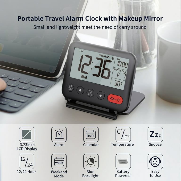 Travel Alarm Clock Mini Portable Lcd Digital Clock With Backlit Calendar  12/24h Temperature Makeup Mirror Small Folding Desktop Clock Battery  Operated