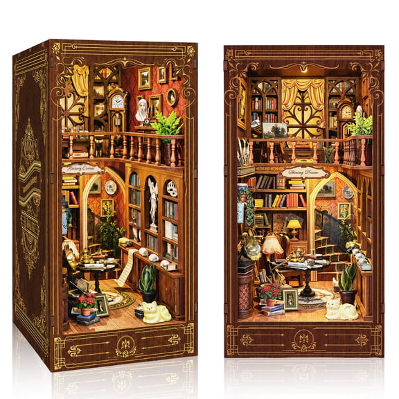 MOJINO Wooden Book Nook Kit with Touch-Sensitive LED Lights, Miniature Library Diorama DIY Craft Set for Adults, Tiny House & Dollhouse for Home Decor