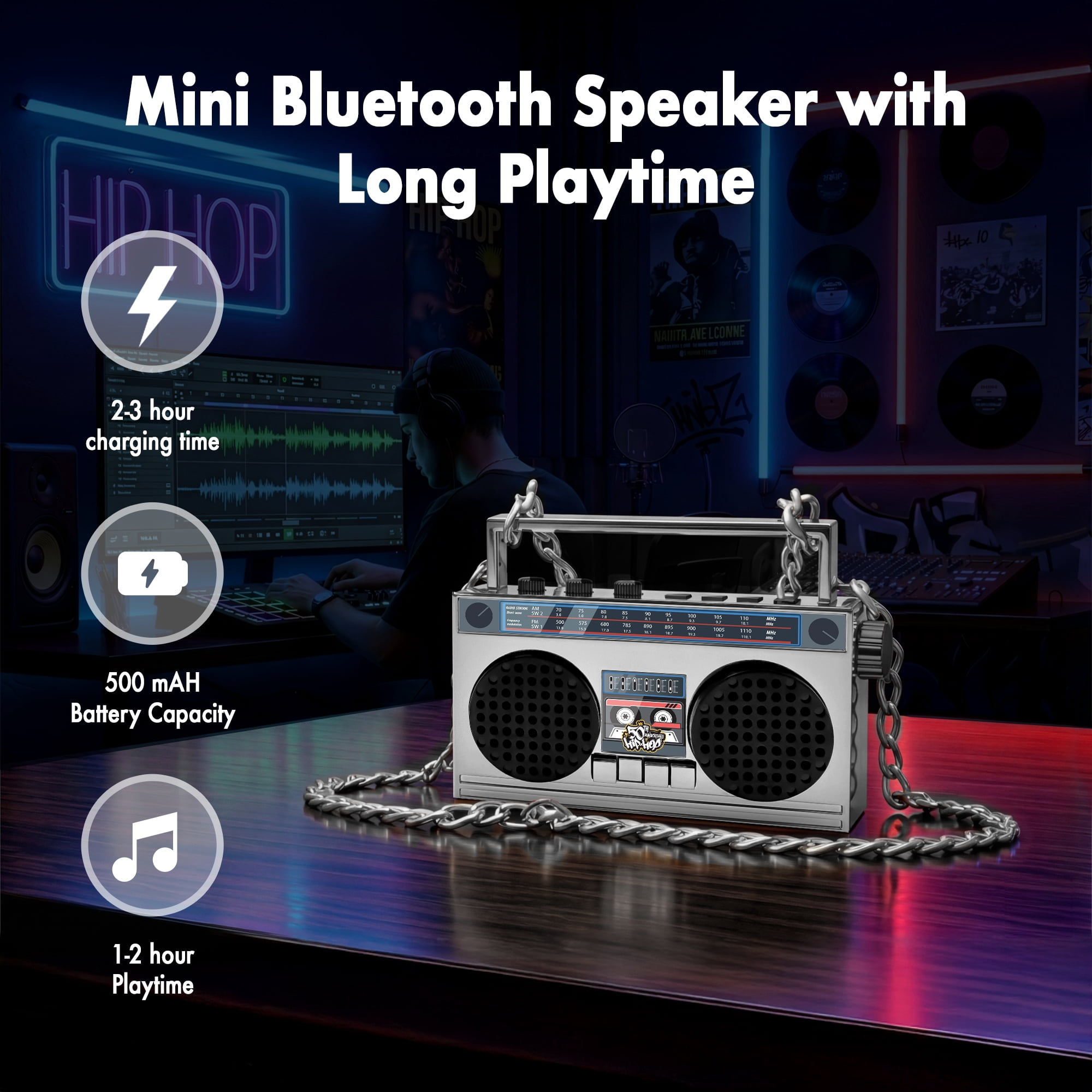 Portable Mini Bluetooth Wireless Speaker Retro Wearable Boombox with 27 Inch Necklace, FM Radio, On Board Buttons, with Dual 6W Peek Power Micro Speakers, and Long Lasting Battery