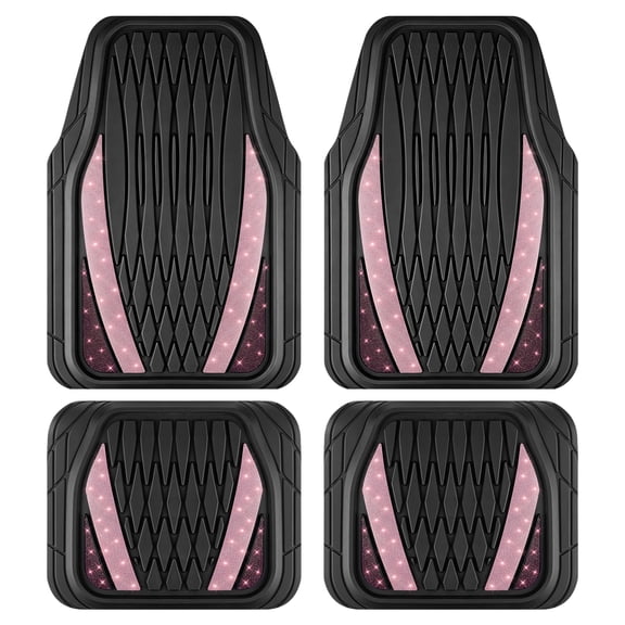 Road Comforts Car Floor Mats Set, Glitter & Rhinestone Car Mats,All-Weather Automotive Floor Mats,Universal Trim-to-Fit Front & Rear Carpet Mats for Cars, Trucks & SUVs, 4 Piece Pink