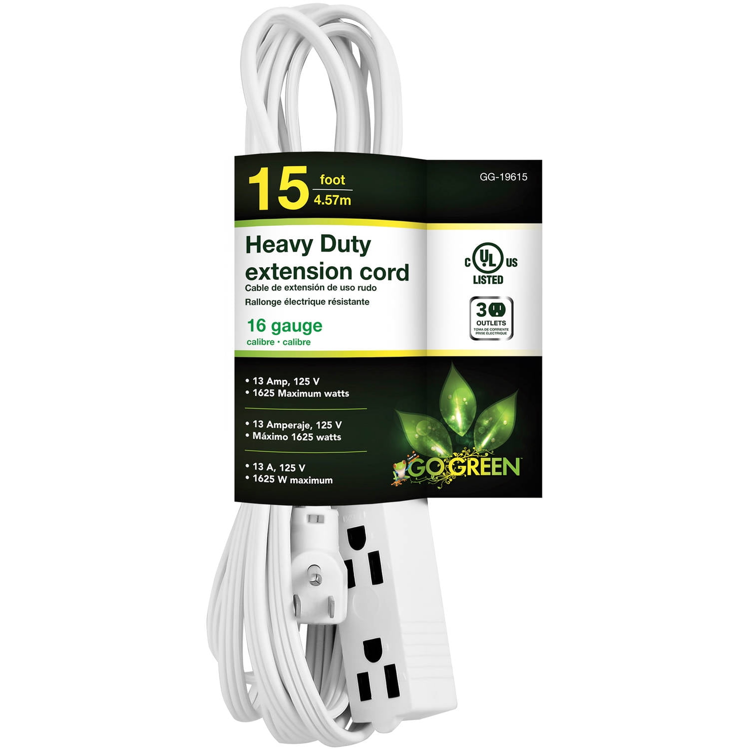 GoGreen Power 16 3 15' 3-Outlet Extension Cord, White, 19615 by GoGreen Power
