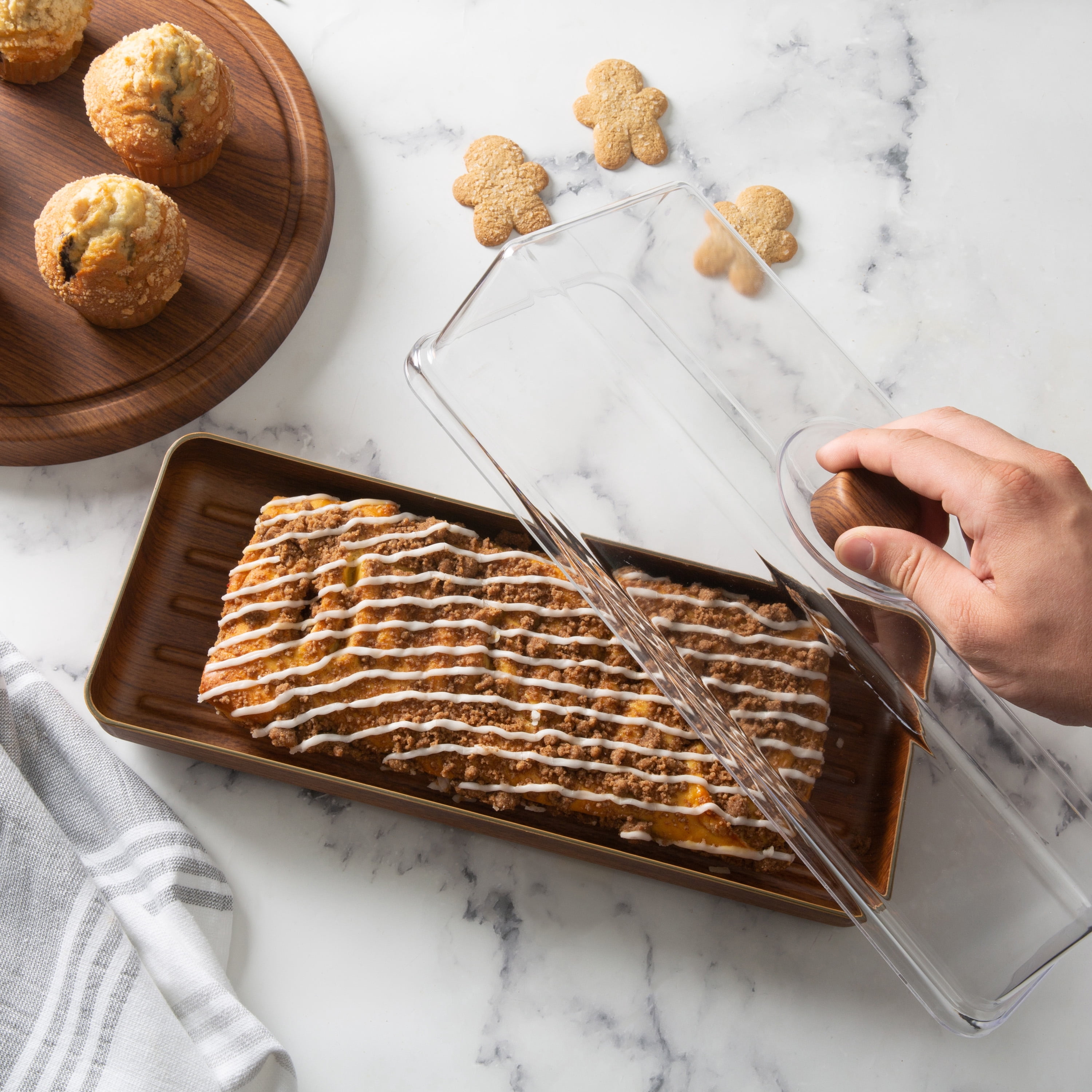 Luxe Party Mahogany Collection Rectangular Bread and Cake Tray with Cover, 6.3" x 15.35", Brown