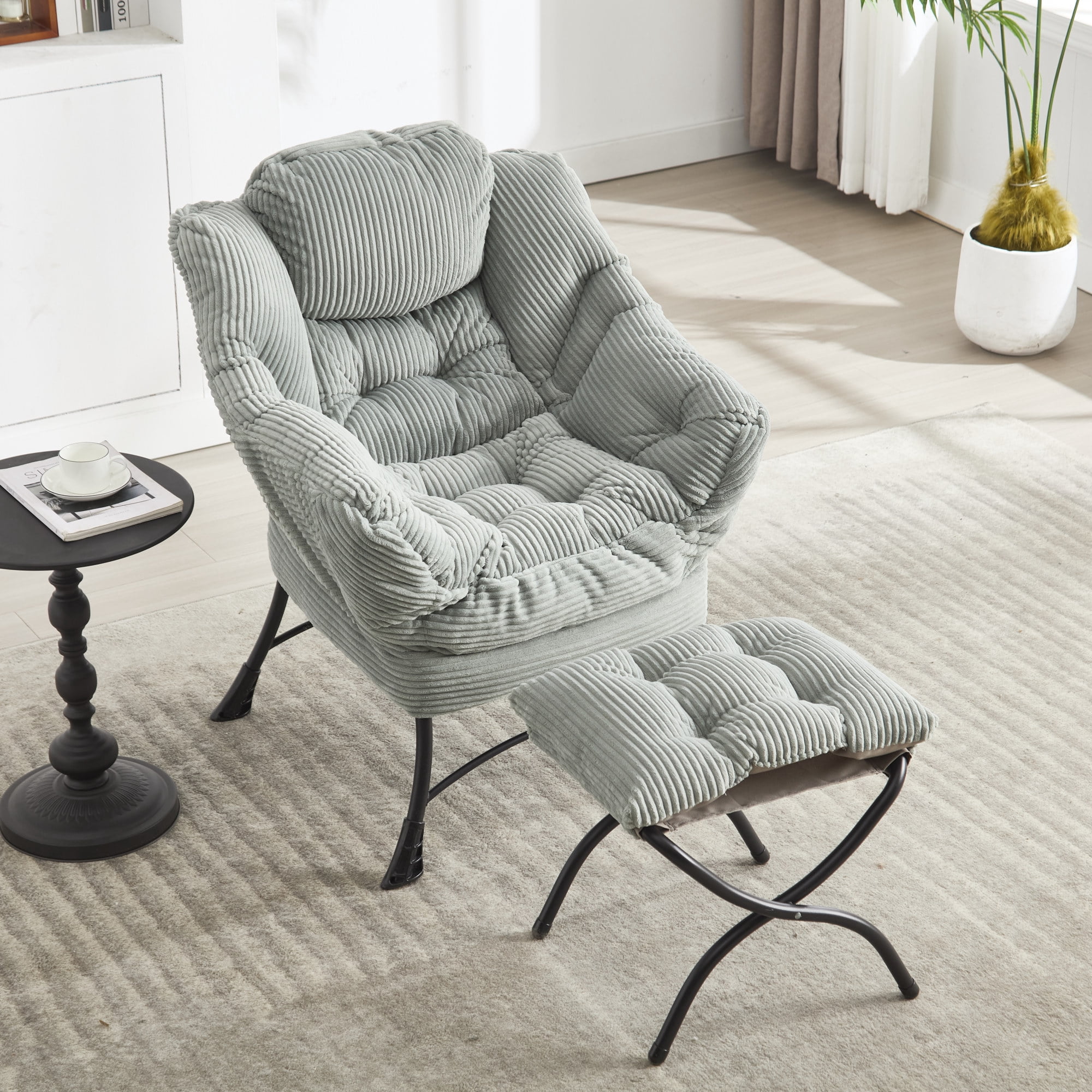 Lazy Chair with Ottoman,Modern Accent Chair with Armrests and a Side Pocket,Upholstered Armchair Sofa Chair Reading Chair with Footrest for Living Room,Light Green