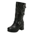 thumbnail image 6 of Platform Boots for Women Slouchy Leather Pull on Mid Calf Block Heel Dress Booties Casual Round Toe Buckle Strap Winter Long Boots Black Size 6, 6 of 6