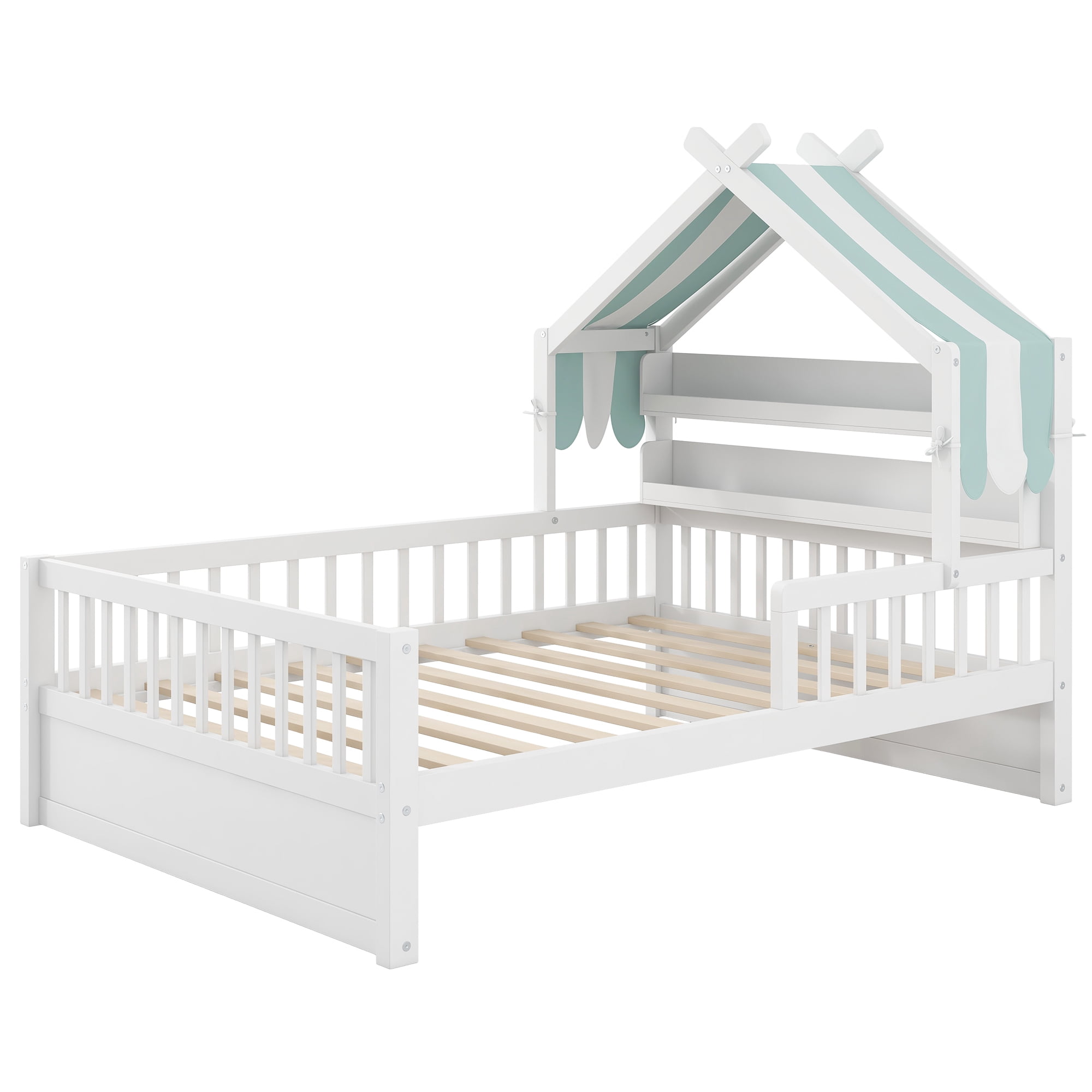 Euroco Wood Twin Size Platform Bed with Storage Headboard and Canopy, White