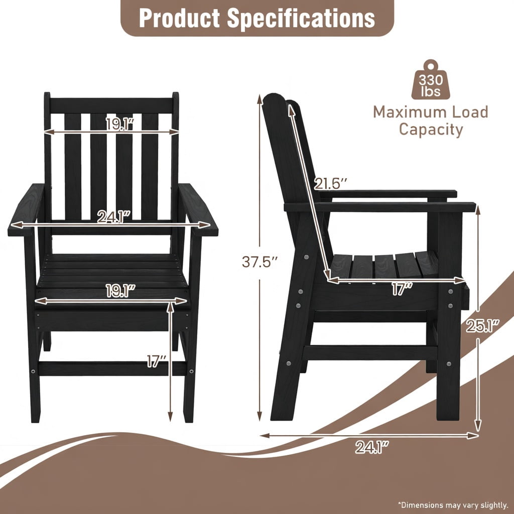 Hommoo 2-Pack HDPE Outdoor Dining Chairs with Wide Armrests, Rustic Wood-Look Patio Seating, All-Weather Durable, Black