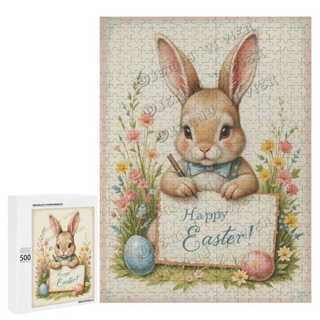 Cute Rabbit Writing Easter Greeting Wooden 500 Piece Puzzles for Adults Unique Puzzles for Adults Bunny Wooden Jigsaw Puzzles Fun Family Game 20.5 x15.0 Rabbit
