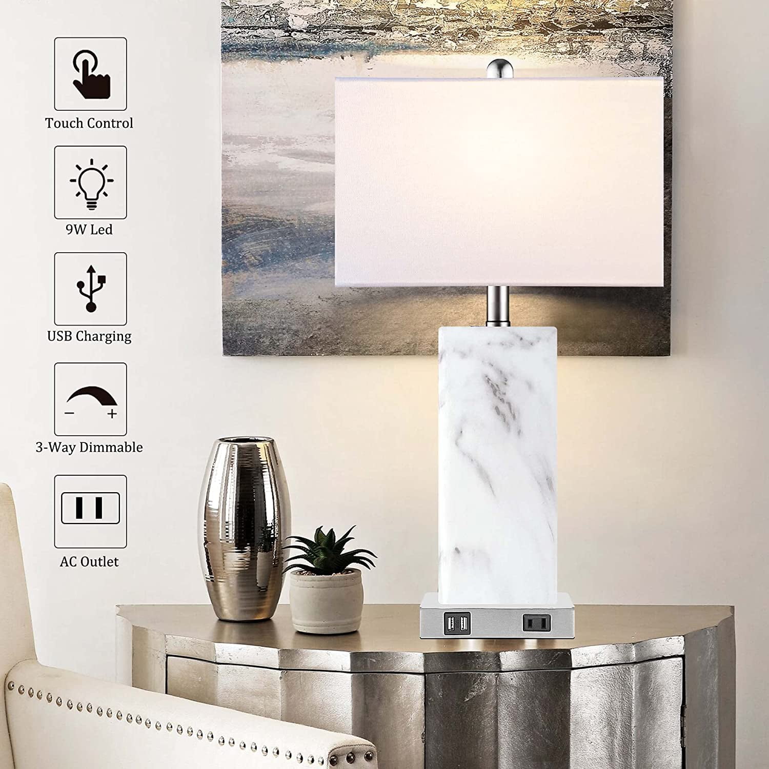 Partphoner Modern Ceramic Touch Control Table Lamp Set of 2 with 2 USB Ports, 3-Way Dimmable
