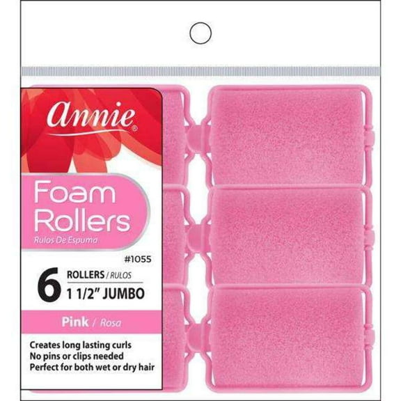 Annie 1-1/2" Extra Large Jumbo Foam Hair Rollers, 6 Piece Set, Pink
