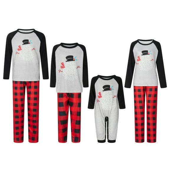 Christmas Family Pajamas Matching Set Hat Print Long Sleeve Tops and Plaid Pants Loungewear Soft Sleepwear