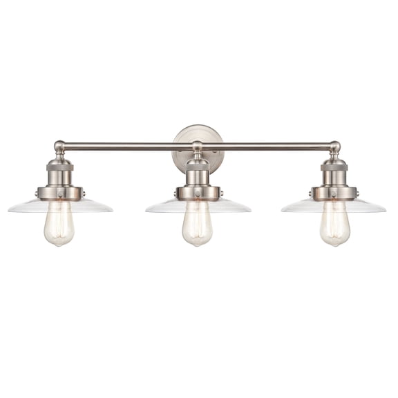 Elk Home English Pub 3-Light Satin Nickel 28-Inch Wide Vanity Light with Metal and Clear Glass Shade