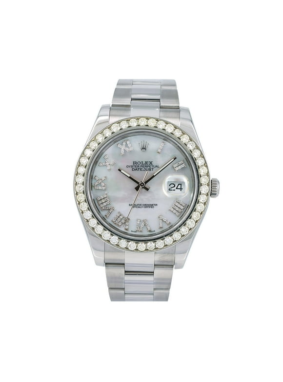 Pre-Owned Rolex Datejust 41MM 116300 Mother of Pearl Roman Diamond Dial Diamond Bezel Stainless Steel Oyster Bracelet 3.5ct