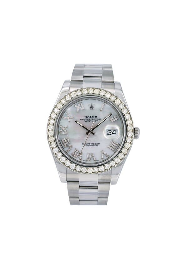 Pre-Owned Rolex Datejust 41MM 116300 Mother of Pearl Roman Diamond Dial Diamond Bezel Stainless Steel Oyster Bracelet 3.5ct