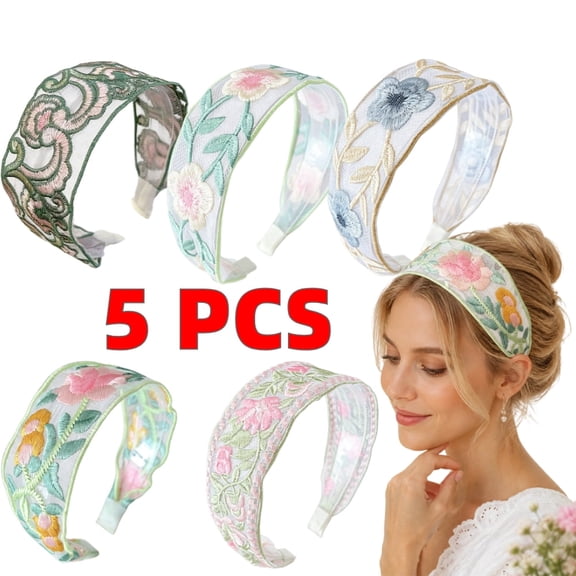 5 PCS Boho Headband for Women Floral Embroidery Wide Hair Band Bohemia Non-Slip Ethnic Style Summer Headband Hair Accessories for Women