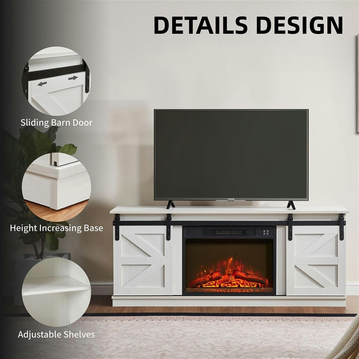 Demi Bonn Modern Fireplace TV Stand for Television up to 65" with Storage and Farmhouse Sliding Barn Doors, Entertainment Center with Cabinet and Shelves, White
