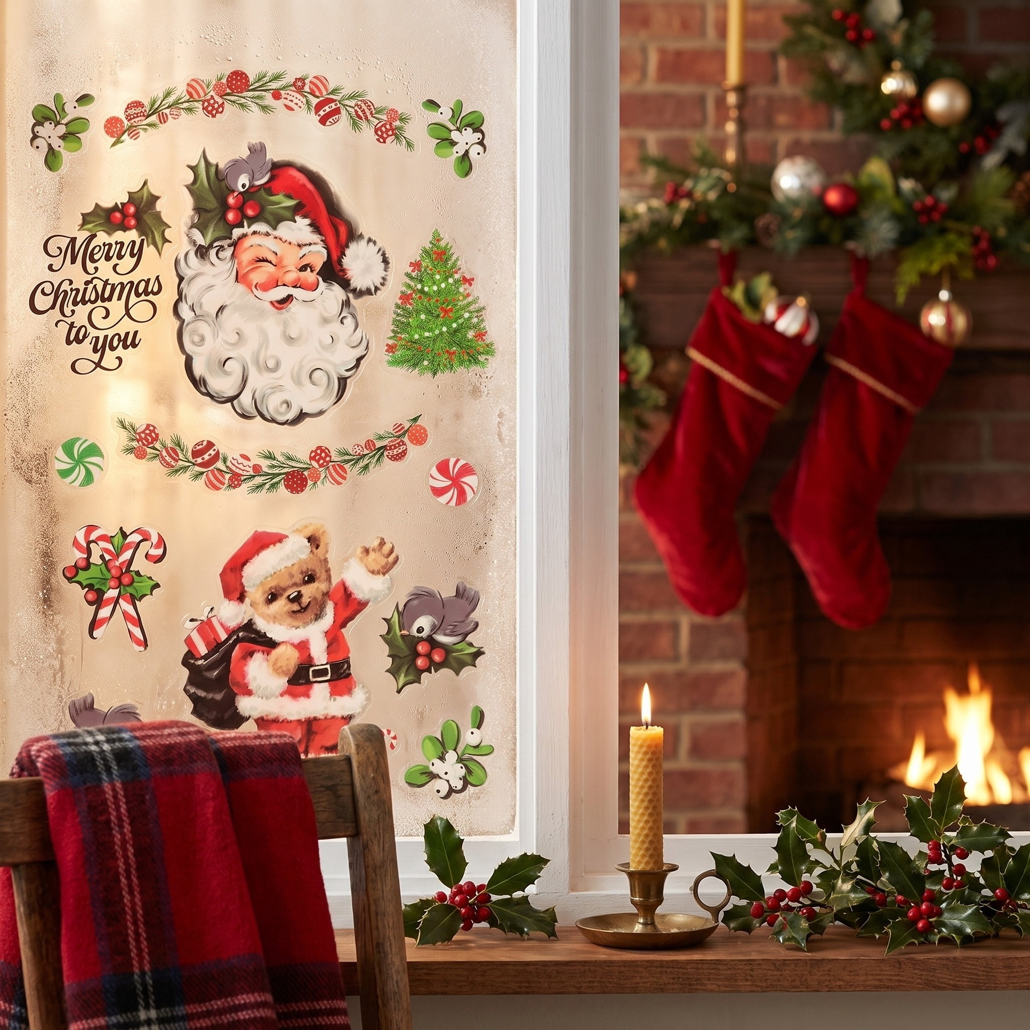 Santa and Bear Christmas Window Clings, Multicolor, 10.8" x 16.8", by Holiday Time