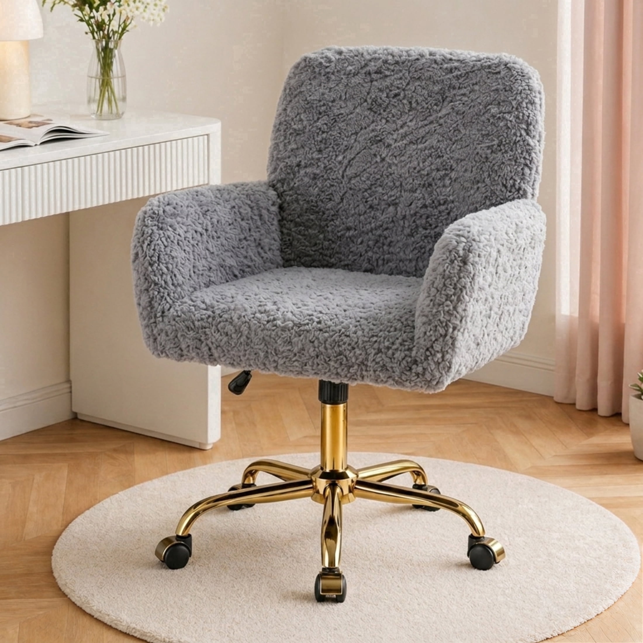 SESSLIFE Vanity Chair, Height Adjustable Velvet Makeup Chair, Comfy Home Desk Chiar with Gold Legs, 360° Swivel Office Chair for Bedroom, Gray